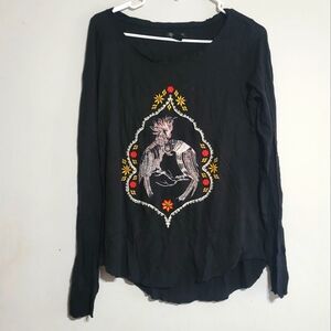 Lucky Brand‎ Black Long Sleeve Top with Colorful Embroidery Size Medium